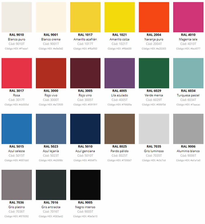 Paleta de colores para puertas de taquillas