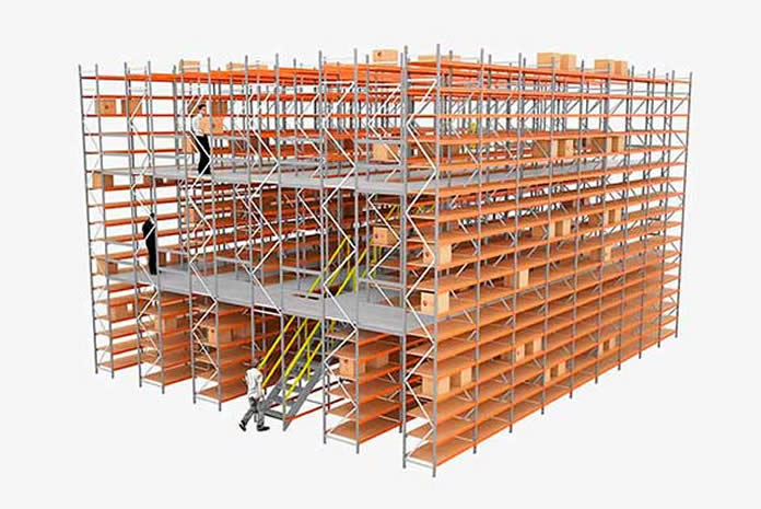 Bloque de estanterías con pasillos elevados
